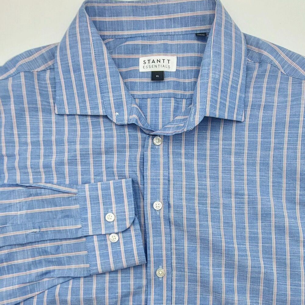 Stantt Essentials Striped Button Up Shirt Men's XL Trim Blue Business Casual NEW